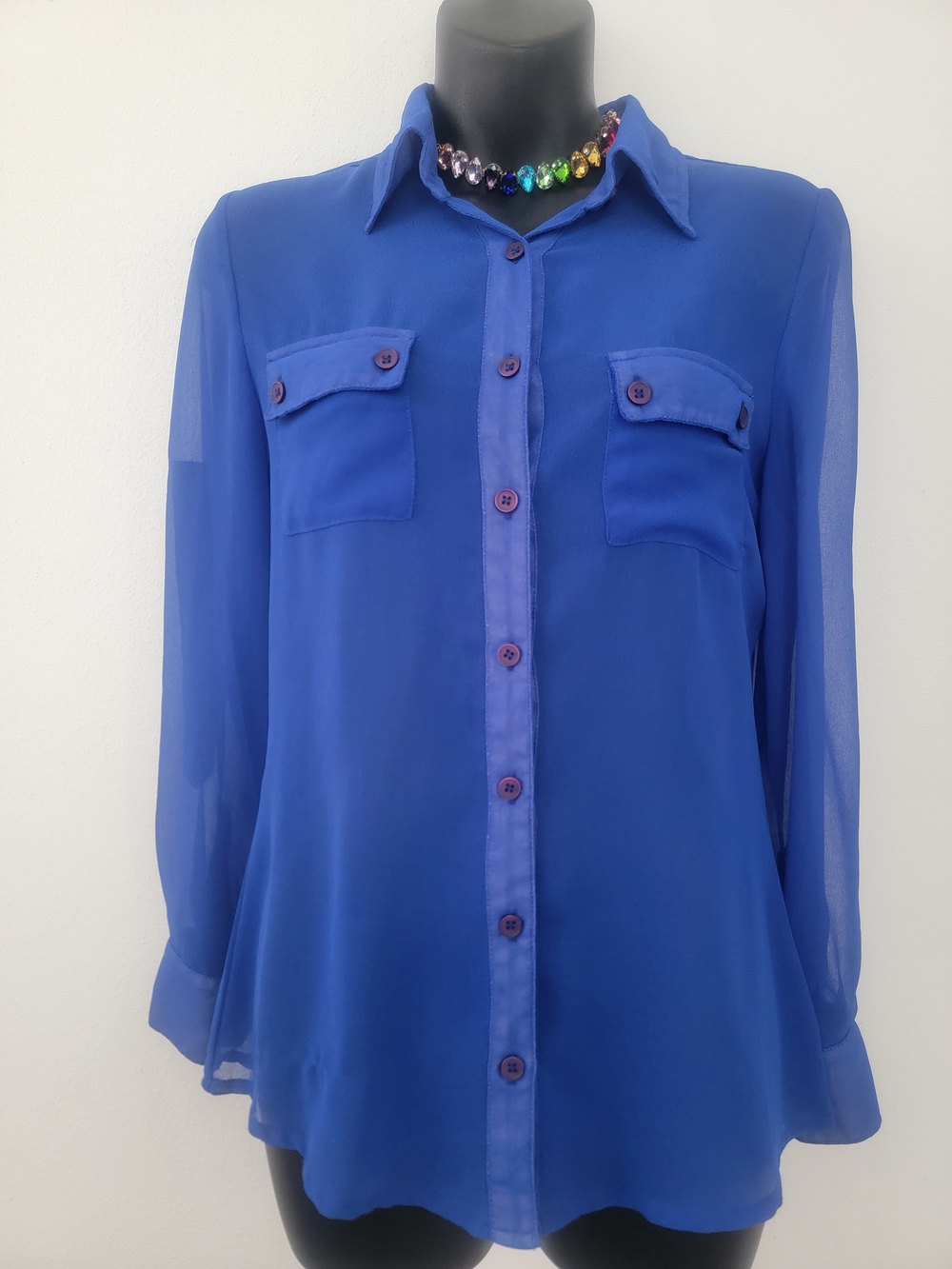 Royal Blue Long-Sleeve Button-Down Blouse